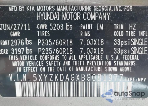 2011 Hyundai Santa Fe Limited V6 z USA, uszkodzony, nr VIN 5XYZKDAGXBG081977